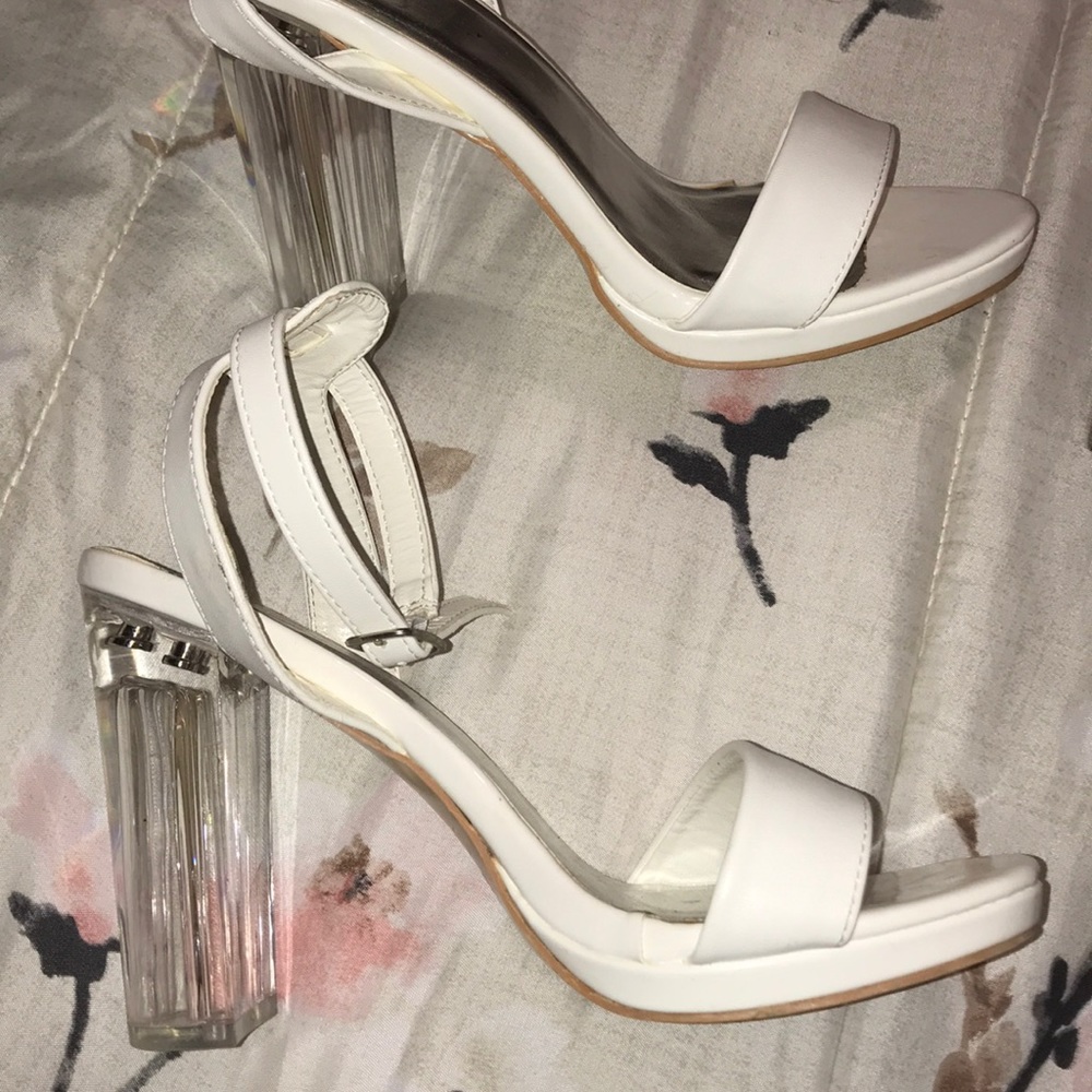 White clear block heels